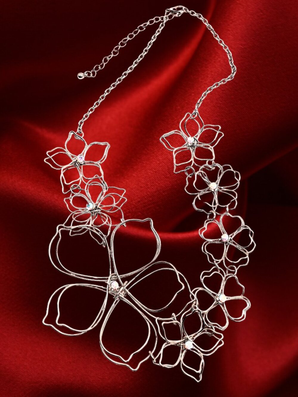 Silver Wire Floral Statement Necklace Iridescent Rhinestone Artisan Style Adjust